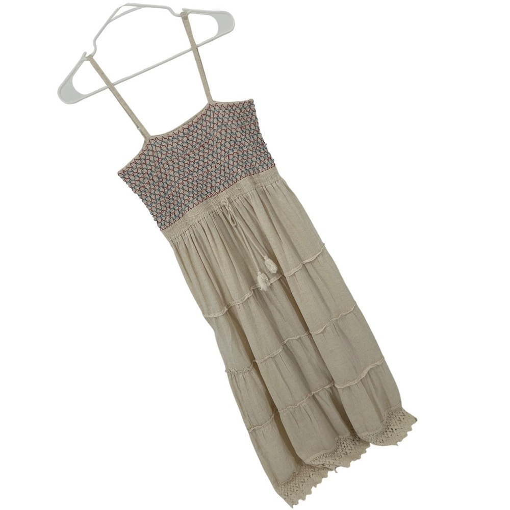 Magic Beige Linen Blend Smocked Embroidered Tiered Maxi Dress Large Boho